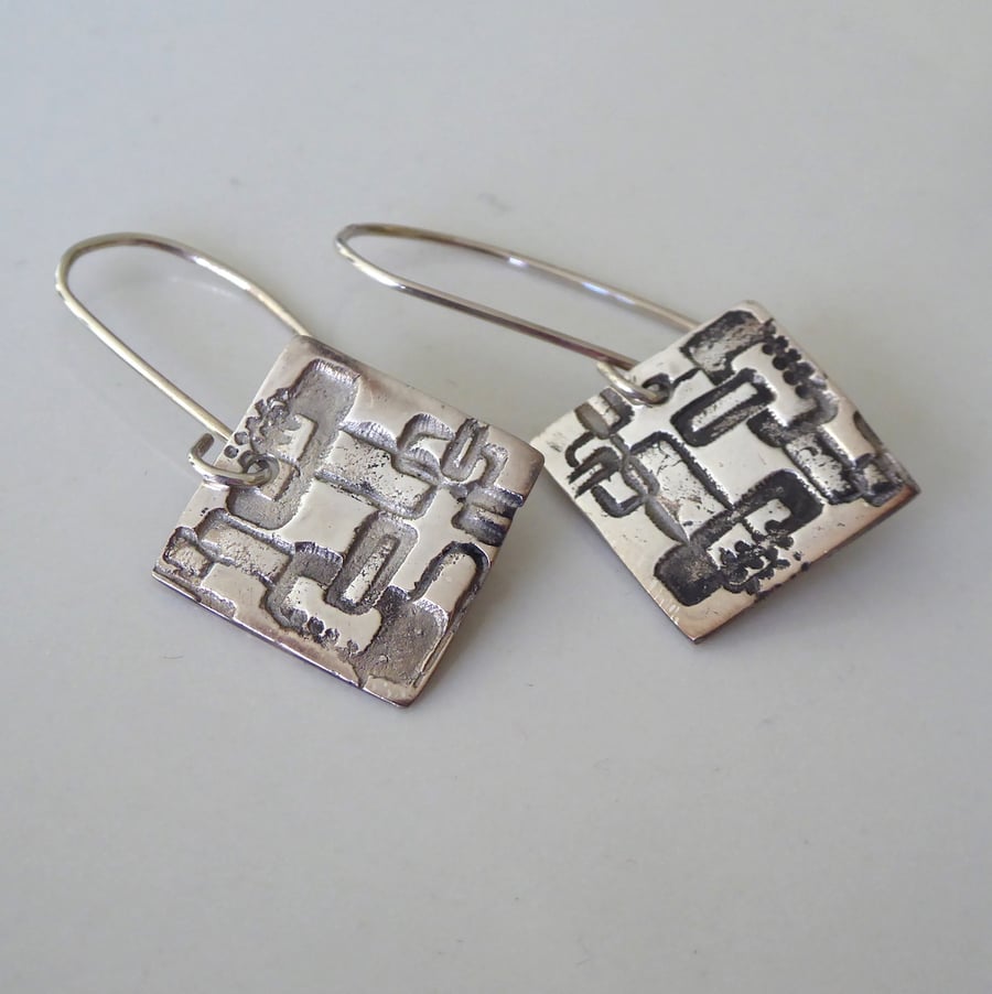 Square silver drop earrings