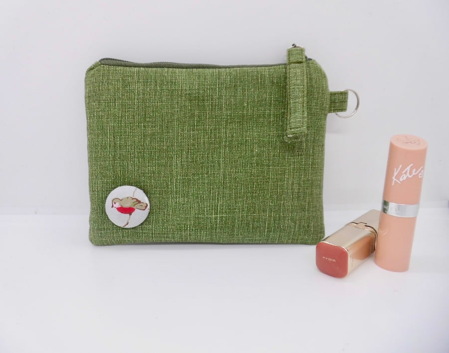 Make up bag purse in green fabric with Kidston lining and button embellishment