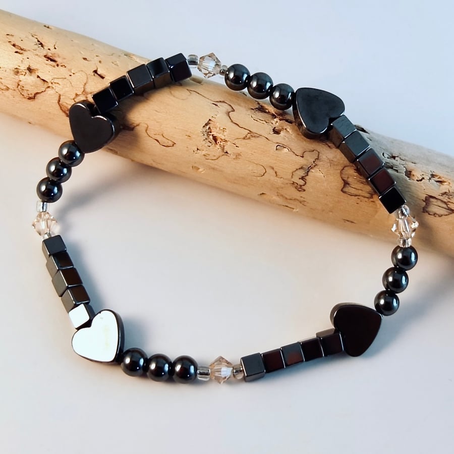 Hematite Heart Bracelet With Swarovski Crystals - Handmade In Devon