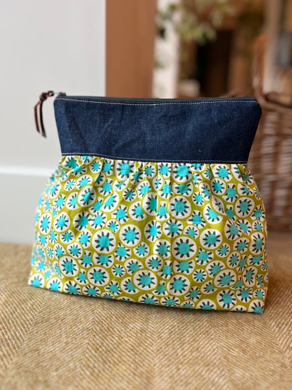 Bright cotton gathered zip bag with denim and Laura Ashley cotton