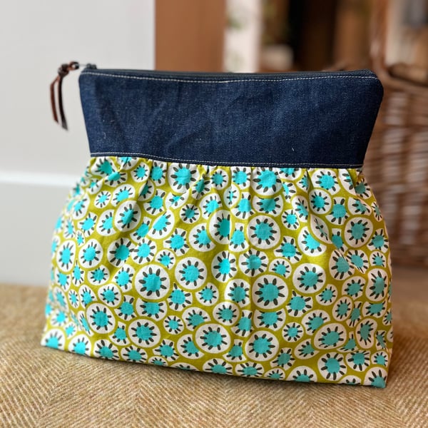 Bright cotton gathered zip bag with denim and Laura Ashley cotton