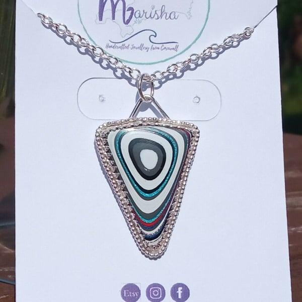 Sterling Silver .925 Triangular Fordite Necklace with Teal Metallic Layers