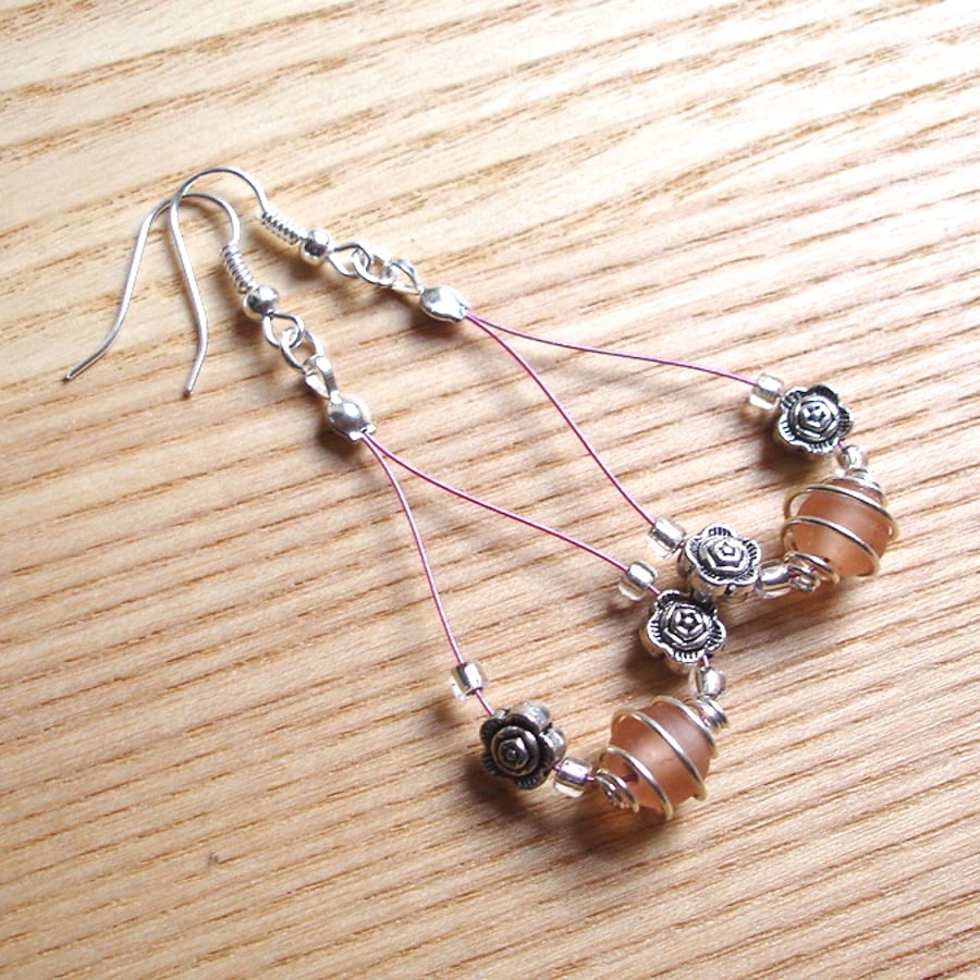 Peach Spiral and Flower Loop Bead Earrings, Gorgeous Stocking Filler for Her