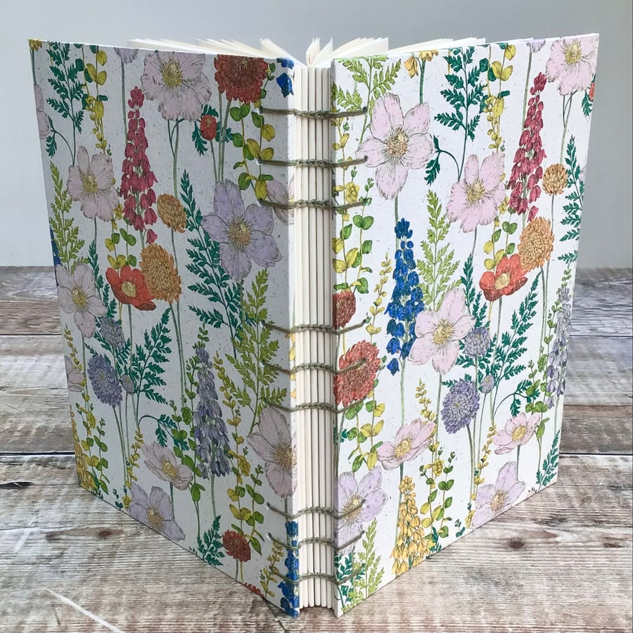 Journal Notebook Hand bound in Coptic Stitch with Garden Flowers Cover