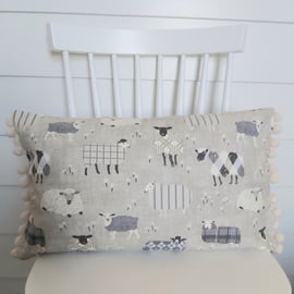 Grey Sheep Cushion with Cream Pom poms