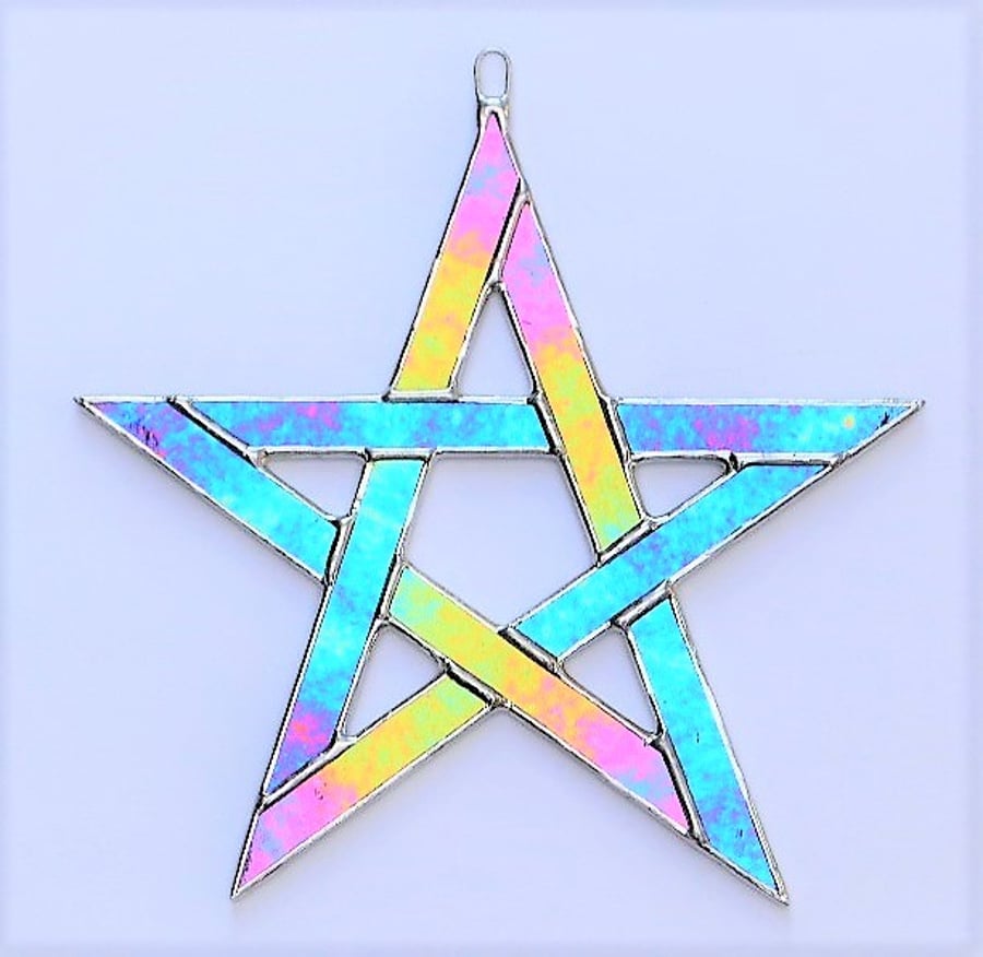 Stained Glass suncatcher Pentagram 5 pointed star green iridescent glass