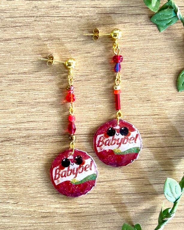Mini Cheese Snack Mismatch Earrings, Red Wax Edam Foodie Dangle Studs