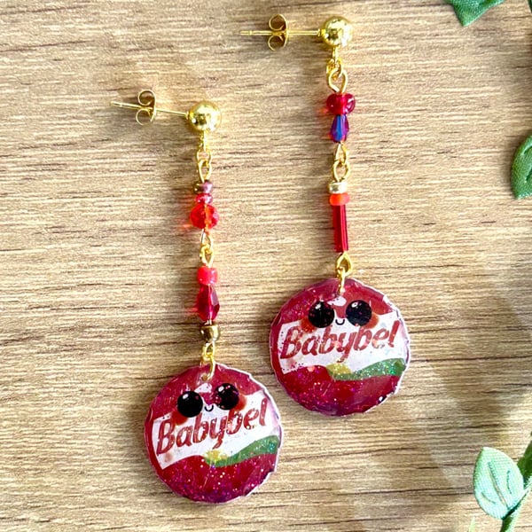 Mini Cheese Snack Mismatch Earrings, Red Wax Edam Foodie Dangle Studs