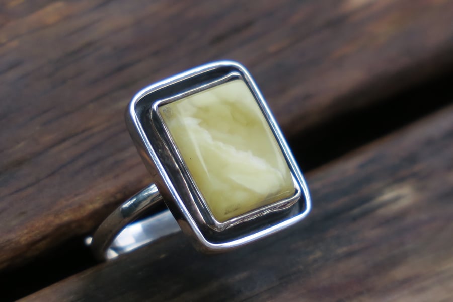 Rectangle Amber Ring, Adjustable Sterling Silver Ring, Geometric Amber Jewellery
