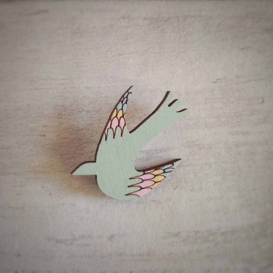 Bird Brooch, Flying Bird Pin, Nature Pin, Wooden Bird Pin