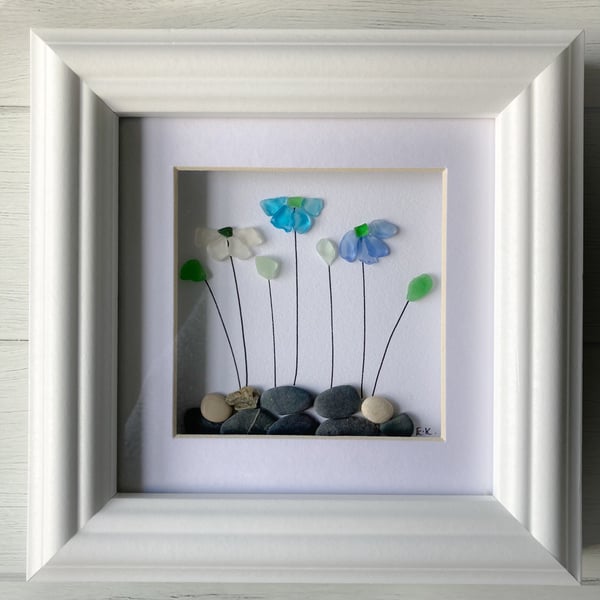 Floral sea glass and pebble art made in Cornwall 