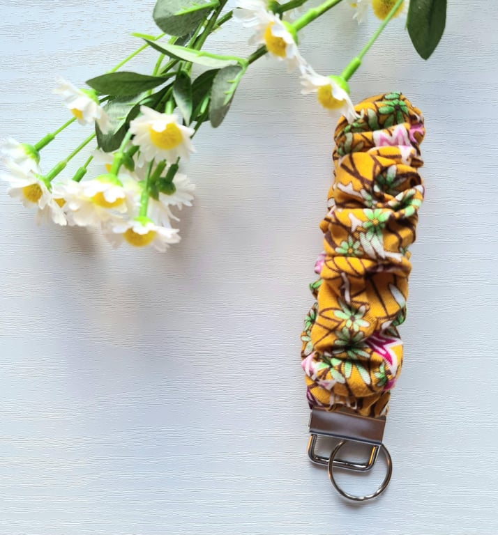 Wristlet Keychain, Mustard & Pink Scrunchie Style Soft Cotton Fabric Key Fob