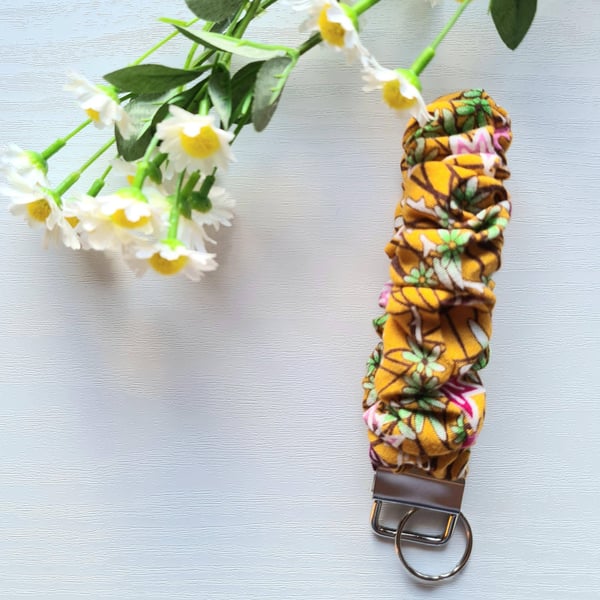Wristlet Keychain, Mustard & Pink Scrunchie Style Soft Cotton Fabric Key Fob