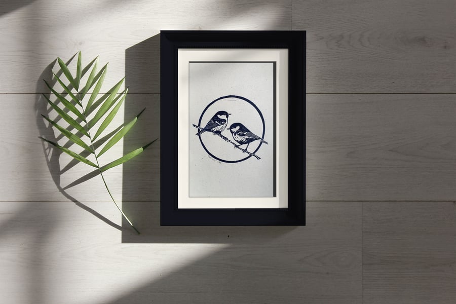Original coal tits lino print