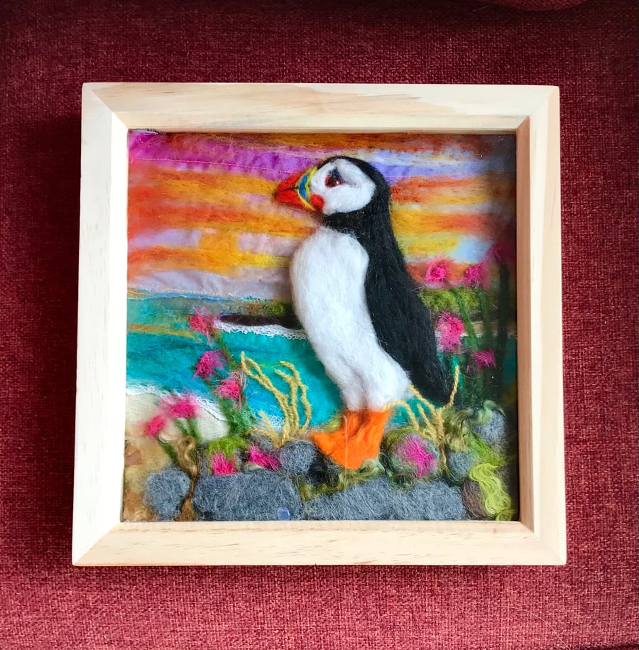 Puffin needle felted textile picture 