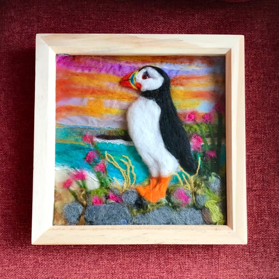 Puffin needle felted textile picture 