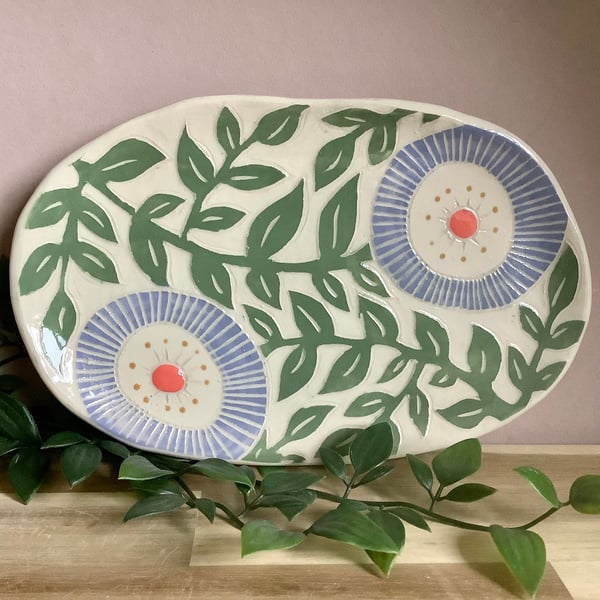 Handmade stoneware green leaf and lilac flowers oval plate side plate tableware 