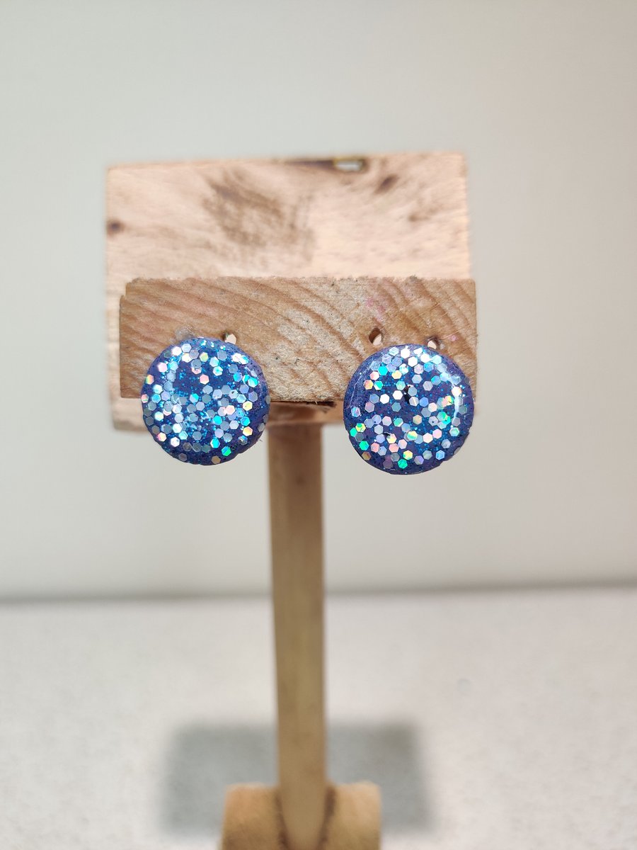 Blue glitter clip on polymer clay earrings 