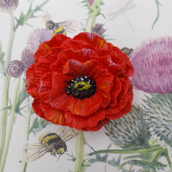 Large RED POPPY BROOCH Commemorative Remembrance Lapel Flower Pin HAND PAINTED