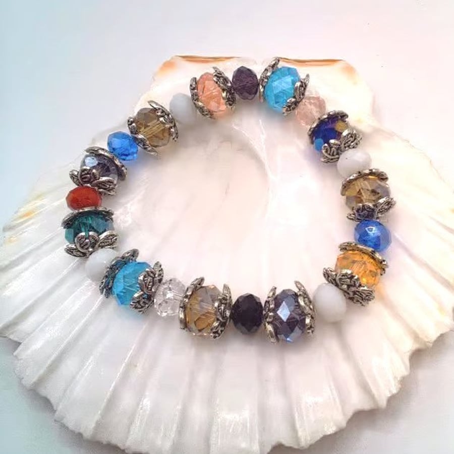 Multi Coloured Crystal Stretch Bracelet with Silver Plated Bead Caps, Bracelet