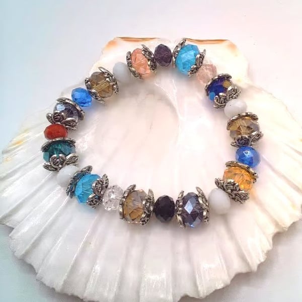 Multi Coloured Crystal Stretch Bracelet with Silver Plated Bead Caps, Bracelet