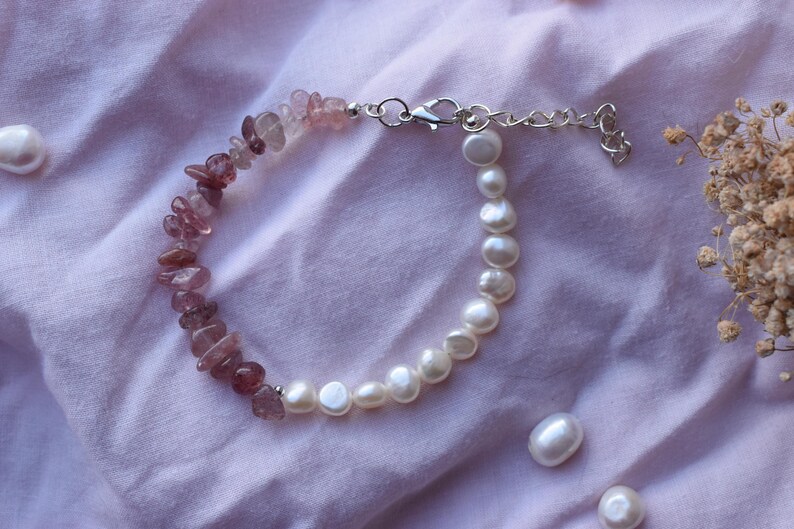 Sterling Silver Strawberry Quartz & Freshwater Pearl Bracelet