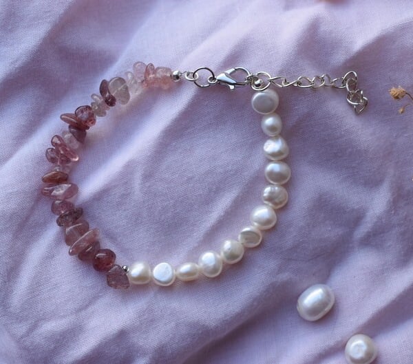 Sterling Silver Strawberry Quartz & Freshwater Pearl Bracelet