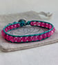 Turquoise leather and hot pink agate bracelet with button fastener  - Image 2