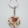 Wren wooden keyring, bird decoupage round keyring 