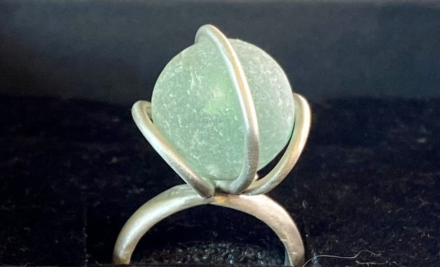 Sea glass marble and silver ring