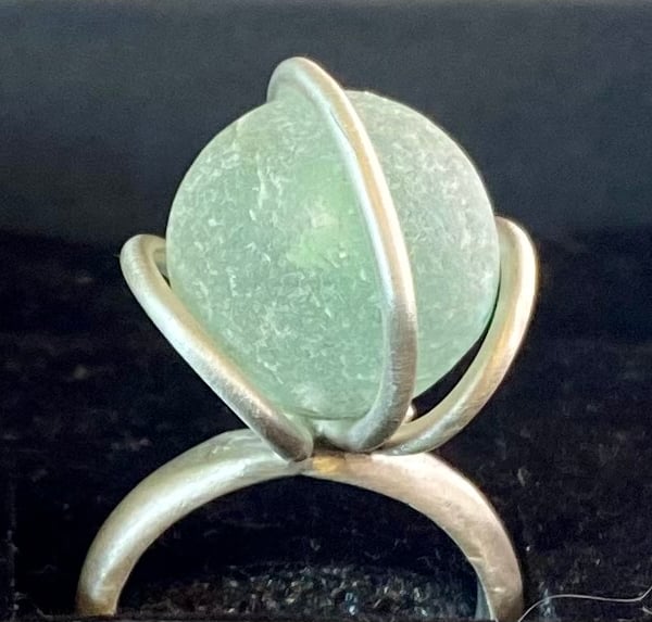 Sea glass marble and silver ring