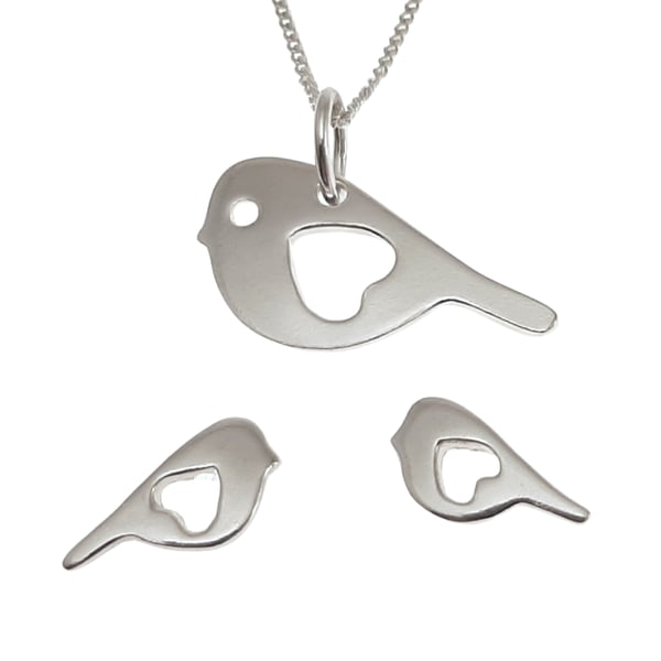 Bird jewellery set - small pendant and stud earrings (sterling silver)