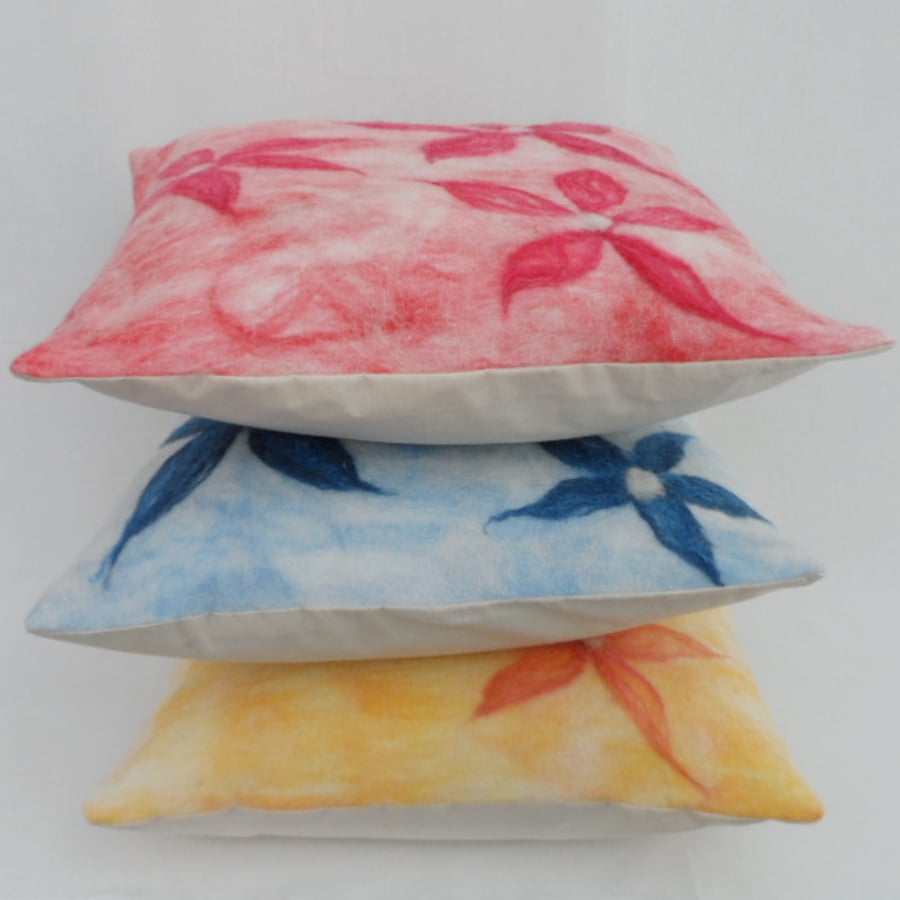 Felt Cushion Cover - nuno felted, red with floral detail - SALE