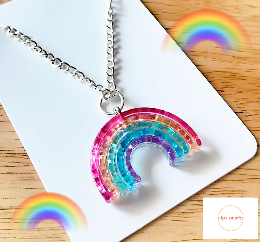 Sparkly Rainbow Handmade Necklace  - 18 Inch Chain, Jewellery, Festivals, Pride