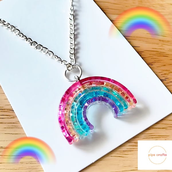 Sparkly Rainbow Handmade Necklace  - 18 Inch Chain, Jewellery, Festivals, Pride