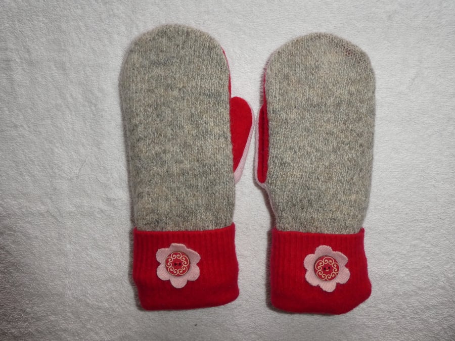 Mittens Created from Up-cycled Wool Jumpers.Fully Lined. Oatmeal. Red Cuff.