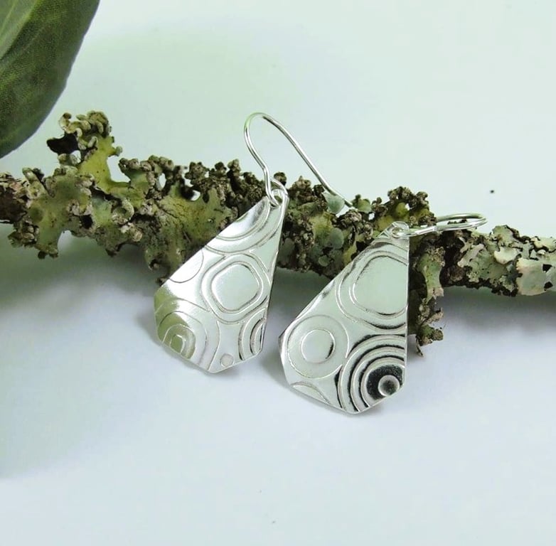 Earrings, Sterling Silver Geometric Pattern Droppers