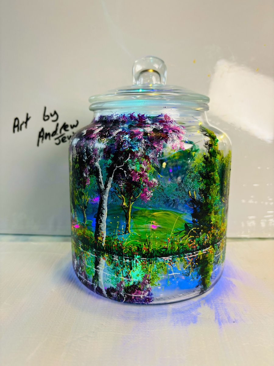 A hand painted and fired glass jar with sealable glass lid by Andrew Jenkins 