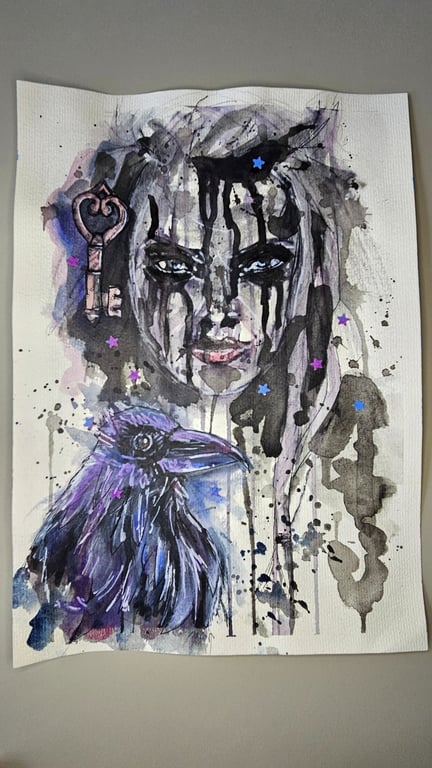 Raven Maiden Guardian – A4 Original Ink & Mixed Media Folklore Artwork