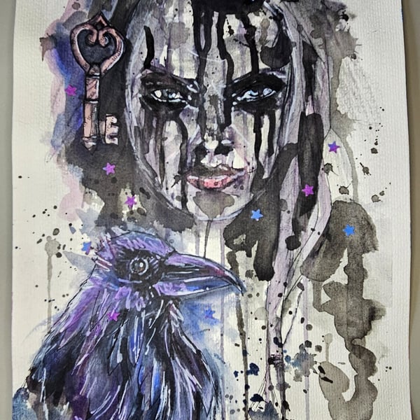 Raven Maiden Guardian – A4 Original Ink & Mixed Media Folklore Artwork