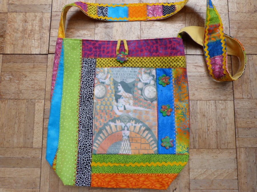 Crazy Patchwork Shoulder Bag with Hand Printed Ladies and Watches Panel.
