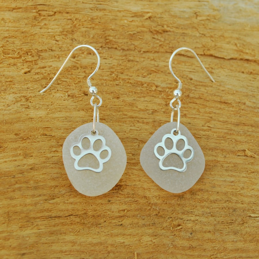 Sea glass earrings with paw print charms