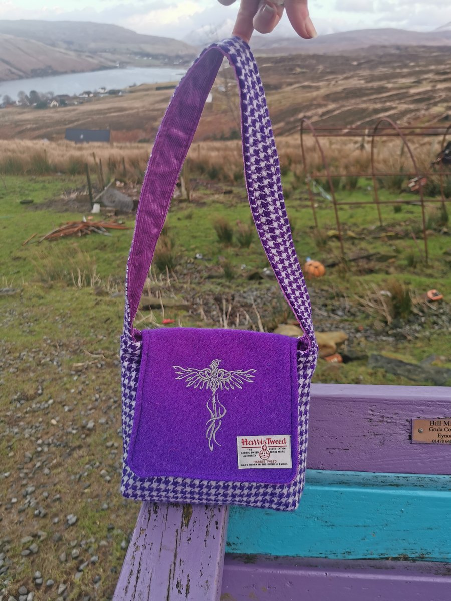 Harris Tweed shoulder bag with embroidered phoenix