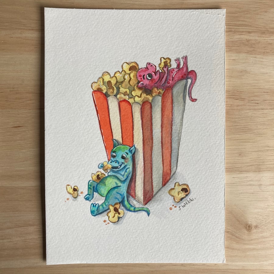 Popcorn, Sweet and Salty painting, watercolour paper, A5 original art.