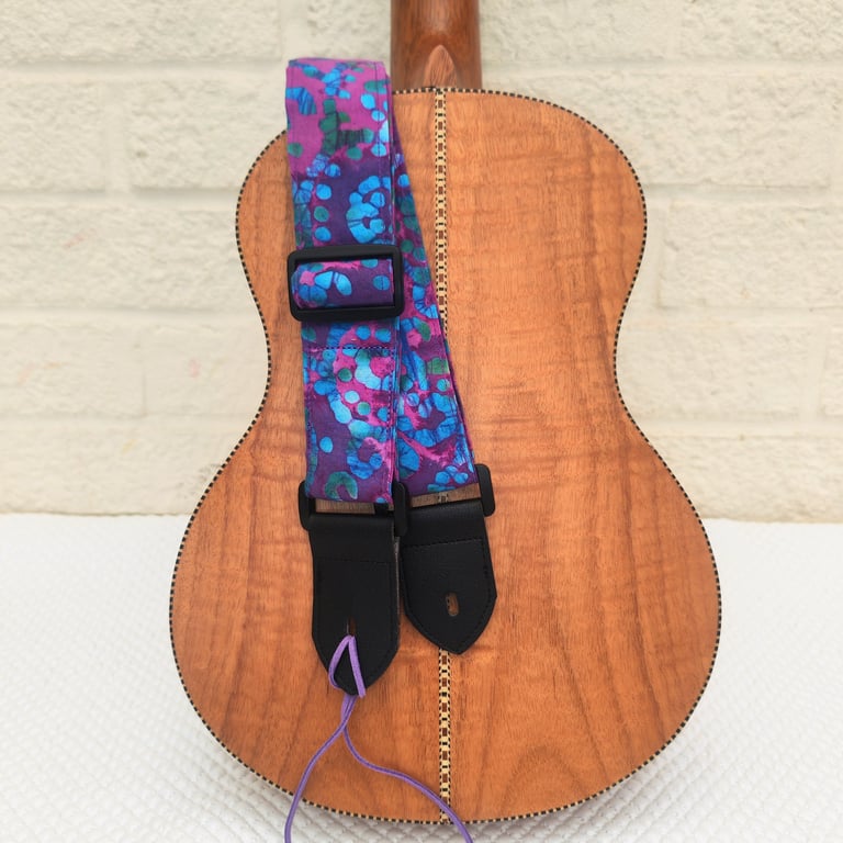  1.5 inch Wide Handmade ukulele neck strap in purple, blue and green batik