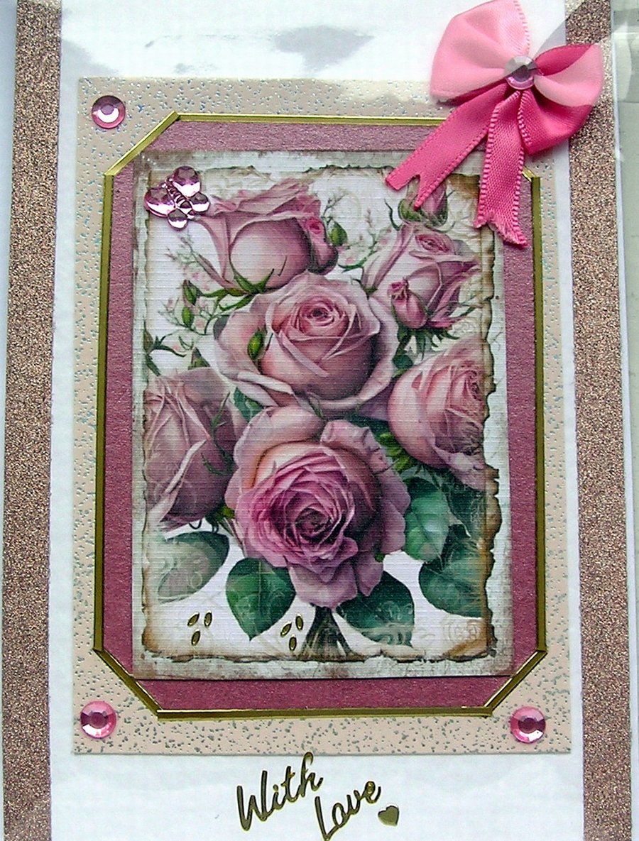 Pink Rose Flower Hand Crafted Decoupage Greeting Card - With Love (2518)