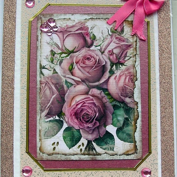Pink Rose Flower Hand Crafted Decoupage Greeting Card - With Love (2518)