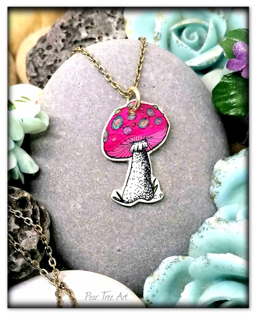Handmade Toadstool pendant on a silver plated chain, pink