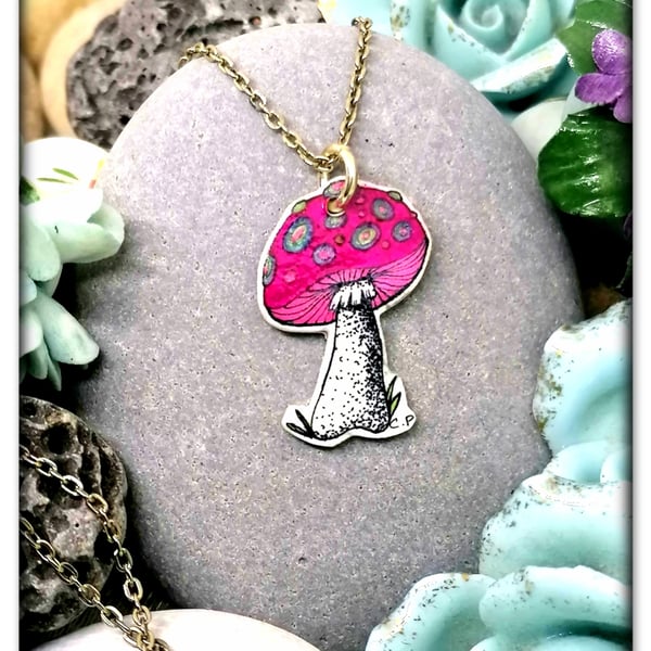 Toadstool pendant on a silver plated chain, Handmade, pink