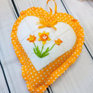 Hand - Embroidered Lavender Heart Decoration - Yellow Daffodil Hanging Ornament 